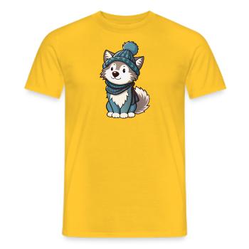 Niedlicher Wolf mit Schal und Pudelmütze. - Männer T-Shirt - Gelb - Vorne - AI Model Male 178 dark (178cm)