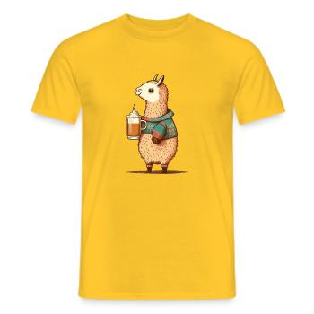 Sweet llama with sweater and beer. Alpaca Gift - Men's T-Shirt - yellow - Front - AI Model Male 178 dark (178cm)