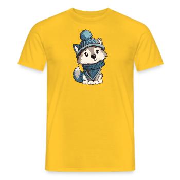Niedlicher Wolf mit Schal und Pudelmütze. - Männer T-Shirt - Gelb - Vorne - AI Model Male 178 dark (178cm)