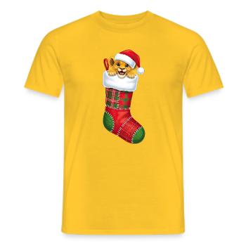 Funny cartoon Christmas sock with baby tiger - Men's T-Shirt - yellow - Front - AI Model Male 178 dark (178cm)