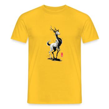 Sacred Qilin – Yokai Sumi-e Deer Cursed Ink Eyes - Men's T-Shirt - yellow - Front - AI Model Male 178 dark (178cm)