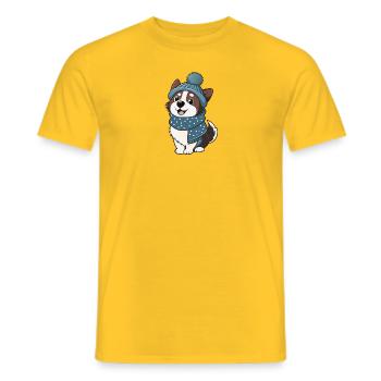 Chien mignon avec écharpe et chapeau à pompon. - T-shirt homme - jaune - Devant - AI Model Male 178 dark (178cm)