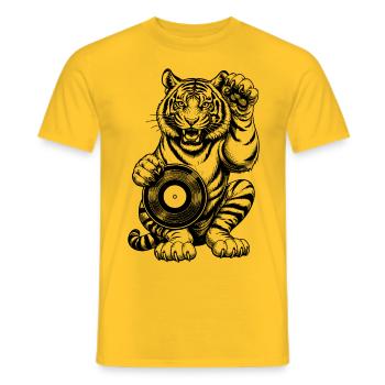 Musik Comic Shirt: Tiger Pfote auf Schallplatte - Männer T-Shirt - Gelb - Vorne - AI Model Male 178 dark (178cm)