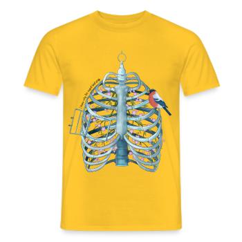 Caged Heart - Ribcage, Blossoms & Bird Surreal Art - Men's T-Shirt - yellow - Front - AI Model Male 178 dark (178cm)