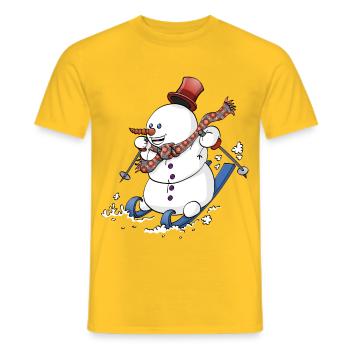 Fröhlicher Schneemann auf Skiern mit roter Mütze. - Männer T-Shirt - Gelb - Vorne - AI Model Male 178 dark (178cm)