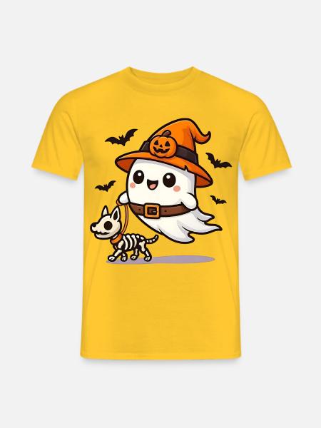 Geist geht gassi mit Skelett‑Hund Halloween Shirt - Männer T-Shirt - Gelb
