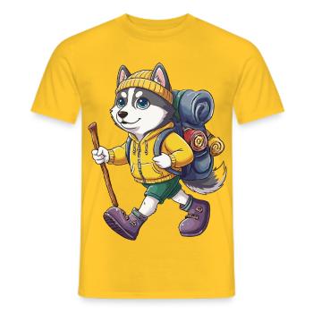Süßer Husky-Hund Wandern Camping Abenteuer Rucksacktourist - Männer T-Shirt - Gelb - Vorne - AI Model Male 178 dark (178cm)