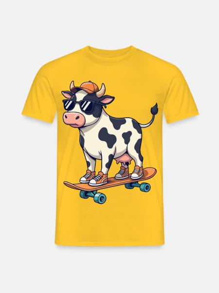 Lustige Kuh, die auf Skateboard skatet, Zeichentrick-Skater - Männer T-Shirt - Gelb
