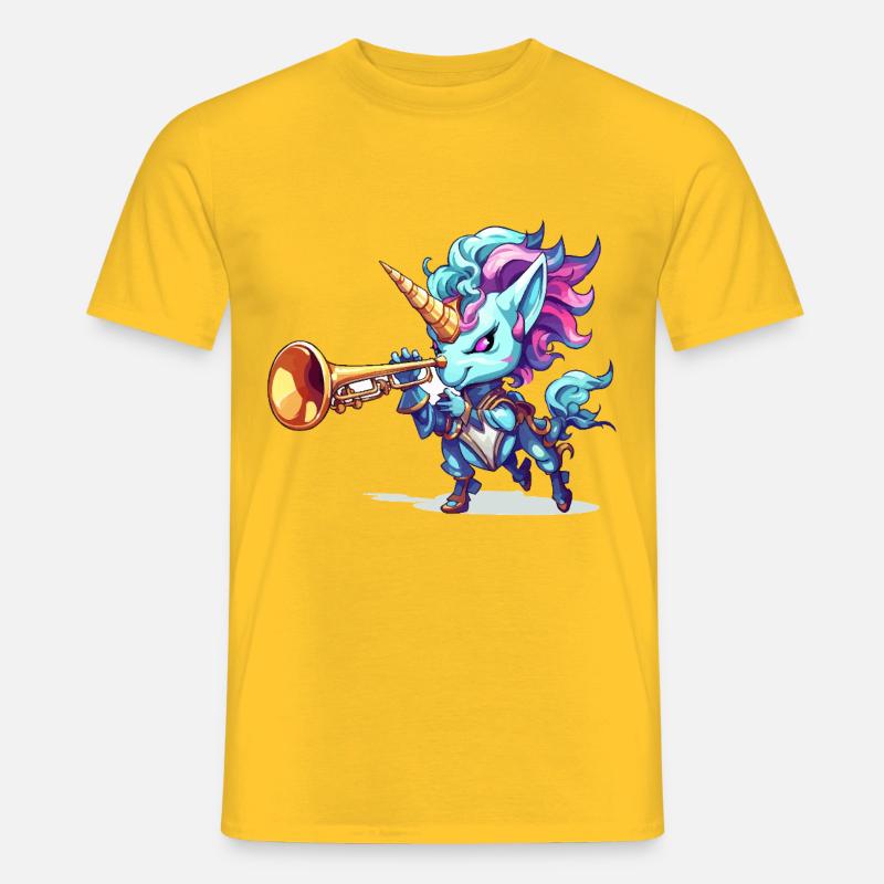 Blaues Einhorn mit Trompete - Männer T-Shirt - Gelb