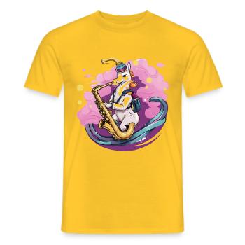 Saxophon-Einhorn im Nebelzauber - Männer T-Shirt - Gelb - Vorne - AI Model Male 178 dark (178cm)