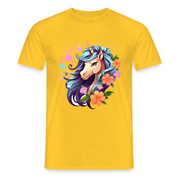 Blue Unicorn with Floral Wreath - Men's T-Shirt - yellow - Front - AI Model Male 178 dark (178cm)