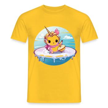 Unicorn on a surfboard with cupcake - Men's T-Shirt - yellow - Front - AI Model Male 178 dark (178cm)