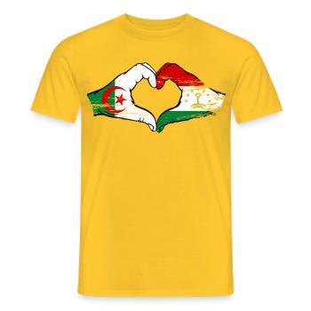 Mains du drapeau du Tadjikistan Algérie en forme de cœur utilisées - T-shirt homme - jaune - Devant - AI Model Male 178 dark (178cm)