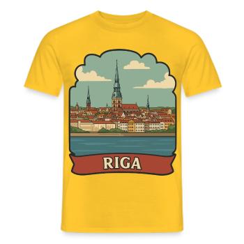 Riga, Lettland Altstadt Retro-Reiseaufkleber - Männer T-Shirt - Gelb - Vorne - AI Model Male 178 dark (178cm)