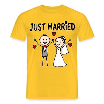 Couple de mariage animé joyeux, tout juste mariés - T-shirt homme - jaune - Devant - AI Model Male 178 dark (178cm)
