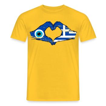 Mains du drapeau de Mati de la Grèce en forme de cœur utilisées - T-shirt homme - jaune - Devant - AI Model Male 178 dark (178cm)