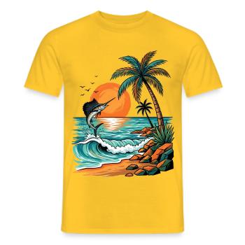 Sonnenuntergang Insel mit Palmen und Meer Strand - Männer T-Shirt - Gelb - Vorne - AI Model Male 178 dark (178cm)
