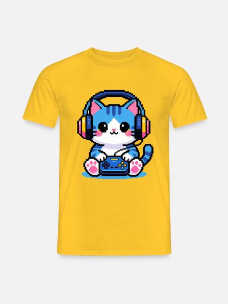 8-Bit Gamer Cat — Retro-Pixelkunst - Männer T-Shirt - Gelb