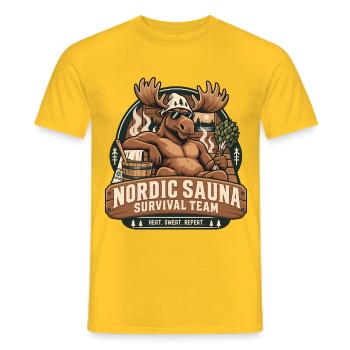 Nordic Sauna Survival Team Elch Humor - Männer T-Shirt - Gelb - Vorne - AI Model Male 178 dark (178cm)