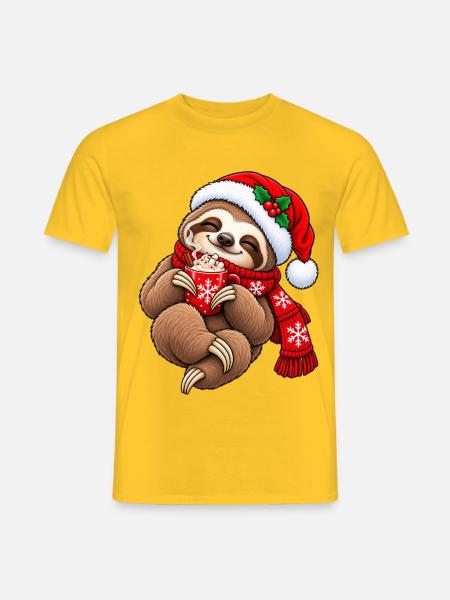 Süßes Faultier mit Weihnachtsmütze & Kakao - Männer T-Shirt - Gelb