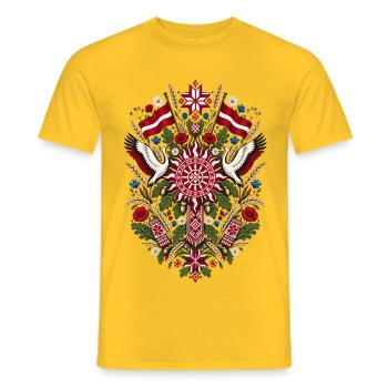 Lettland | Volkskunst, Störche & Eichen - Männer T-Shirt - Gelb - Vorne - AI Model Male 178 dark (178cm)