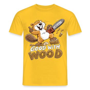 Biber Good With Wood Kettensäge Holzfäller Humor - Männer T-Shirt - Gelb - Vorne - AI Model Male 178 dark (178cm)