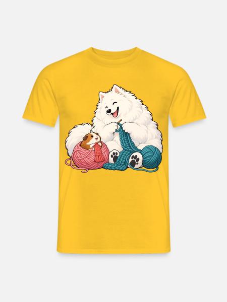 Samojede und Meerschweinchen beim Stricken - Männer T-Shirt - Gelb