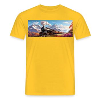 Nostalgic Railway Train with Steam Locomotive - Men's T-Shirt - yellow - Front - AI Model Male 178 dark (178cm)