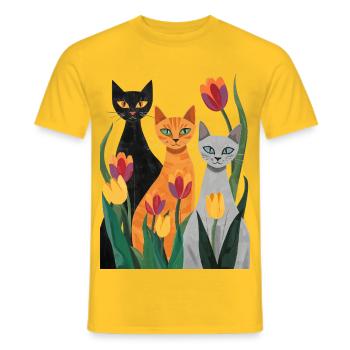 Drei stilisierte Katzen: schwarz, grau, orange - Männer T-Shirt - Gelb - Vorne - AI Model Male 178 dark (178cm)