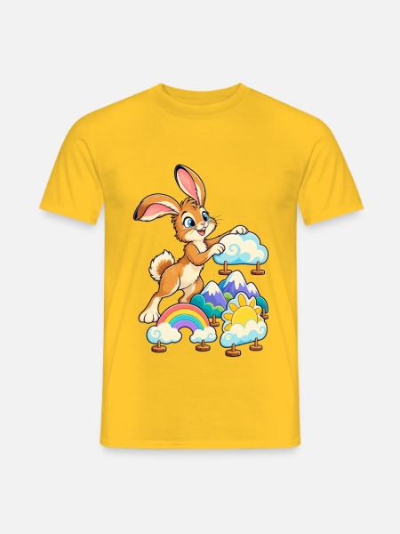 Fröhlicher Hase über Regenbogenlandschaft - Männer T-Shirt - Gelb