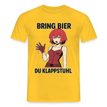 Comic Frau mit rotem Outfit und Spruch - Männer T-Shirt - Gelb - Vorne - AI Model Male 178 dark (178cm)