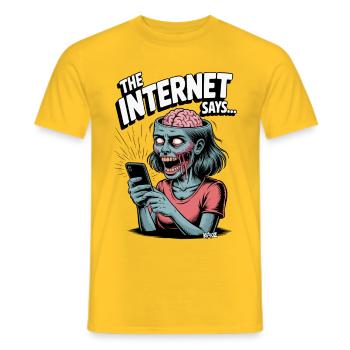 Femme zombie avec téléphone portable et texte "L’internet dit... - T-shirt homme - jaune - Devant - AI Model Male 178 dark (178cm)