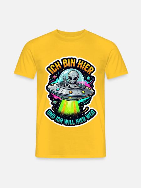 UFO Alien Sticker: Hier Weg - Männer T-Shirt - Gelb