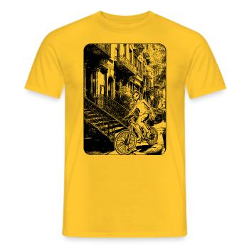 NYC Comic Image: Distinctive Design for Bikers - Men's T-Shirt - yellow - Front - AI Model Male 178 dark (178cm)