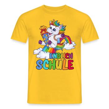 "Endlich Schule!" Einhorn Schulkind mit Zuckertüte - Männer T-Shirt - Gelb - Vorne - AI Model Male 178 dark (178cm)