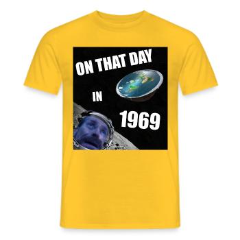 flat earth cosmos moon tshirt flat earth - Men's T-Shirt - yellow - Front - AI Model Male 178 dark (178cm)