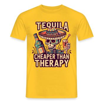 Funny saying: Tequila is Cheaper Than Therapy - Men's T-Shirt - yellow - Front - AI Model Male 178 dark (178cm)