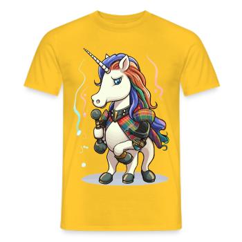 Einhorn mit Mikro auf bunter Plaid-Bühne - Männer T-Shirt - Gelb - Vorne - AI Model Male 178 dark (178cm)