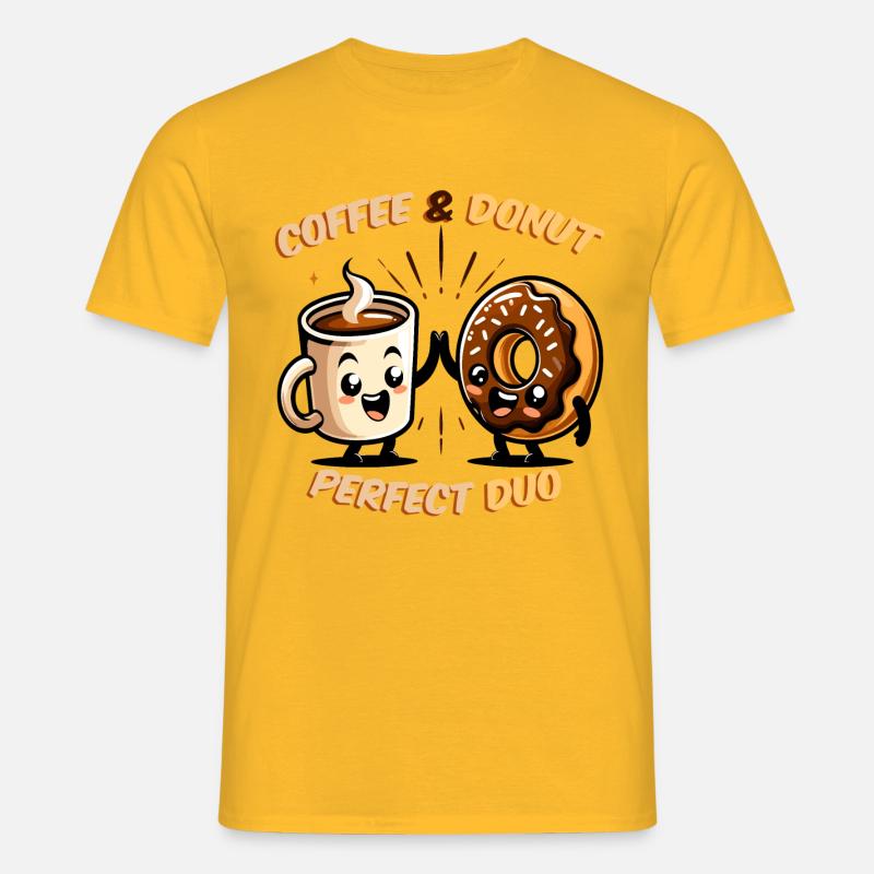 Ein dampfender Kaffee und ein Schokoladen-Donut, ein perfektes Duo - Männer T-Shirt - Gelb