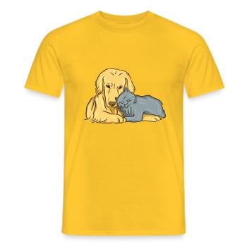 Hund und Katze kuscheln miteinander Tierliebe - Männer T-Shirt - Gelb - Vorne - AI Model Male 178 dark (178cm)