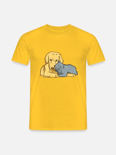 Hond en kat knuffelen dierenliefde - Heren T-shirt - geel