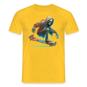 Un squelette avec un sweat à capuche sur une planche à roulettes - T-shirt homme - jaune - Devant - AI Model Male 178 dark (178cm)