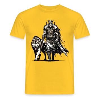 Ein Wikingerkrieger mit seinem wilden Wolf. - Männer T-Shirt - Gelb - Vorne - AI Model Male 178 dark (178cm)