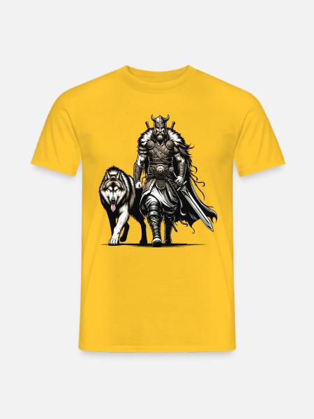 Ein Wikingerkrieger mit seinem wilden Wolf. - Männer T-Shirt - Gelb