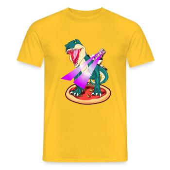 Dino on Pizza Cat rides TRex with laser eyes - Men's T-Shirt - yellow - Front - AI Model Male 178 dark (178cm)