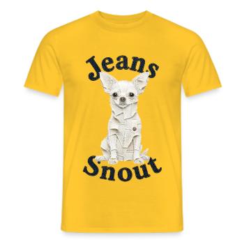 Weißer Kurzhaar-Chihuahua im Jeansflicken-Stil - Männer T-Shirt - Gelb - Vorne - AI Model Male 178 dark (178cm)