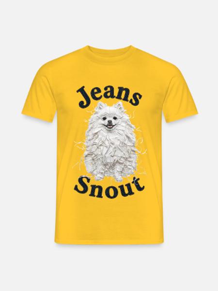 Weißer Spitz im Jeansflicken-Stil - Männer T-Shirt - Gelb