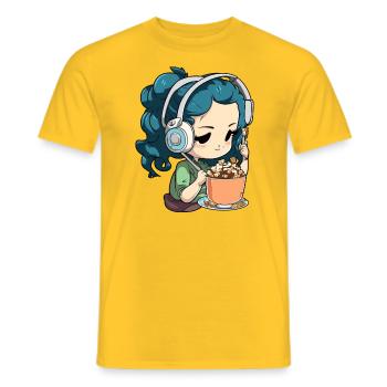 Une fille avec des écouteurs écoute de la musique et mange des céréales - T-shirt homme - jaune - Devant - AI Model Male 178 dark (178cm)