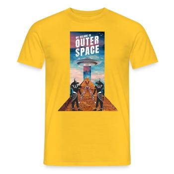 Anubis with bassoon in front of a pyramid with UFO. - Men's T-Shirt - yellow - Front - AI Model Male 178 dark (178cm)