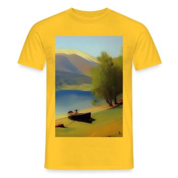 Landscape with lake, boat and mountains - Men's T-Shirt - yellow - Front - AI Model Male 178 dark (178cm)